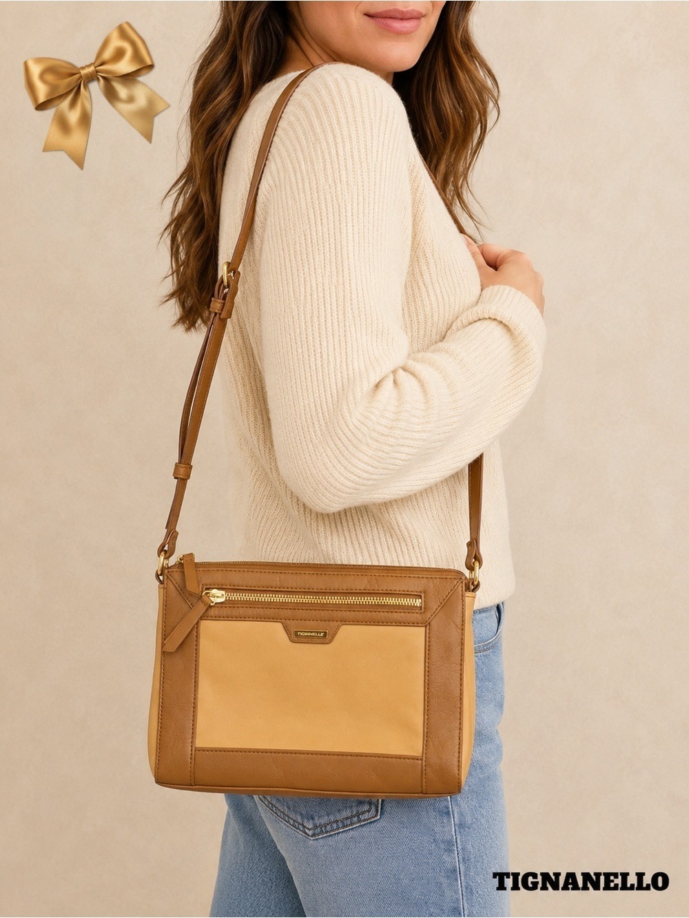 Tignanello Leather Crossbody Bag Tan Camel Gold Hardware Adjustable Strap